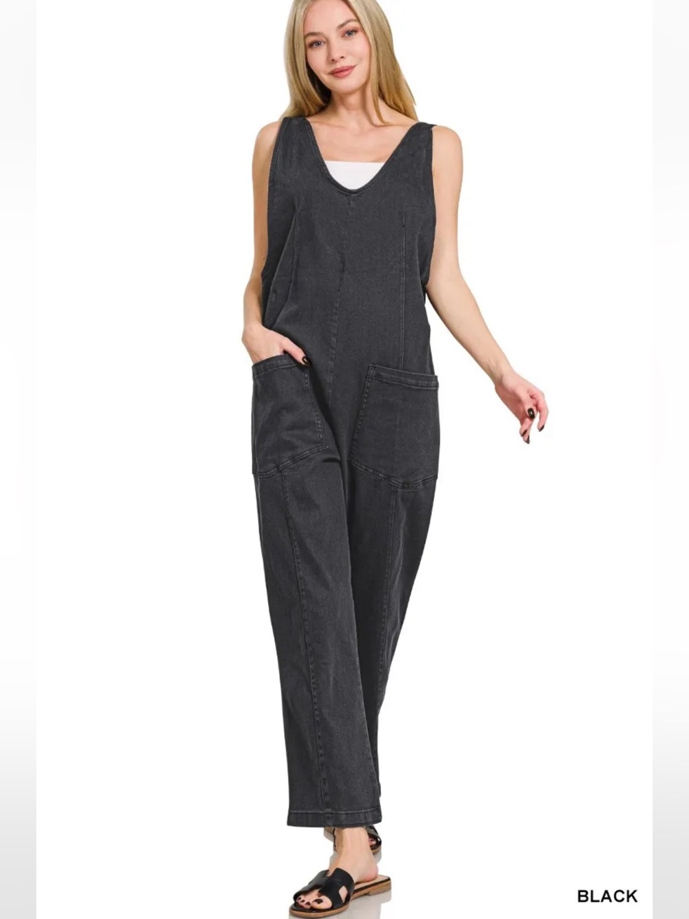 Zenana Casual Black Adjustable Strap Sleeveless Denim Jumpsuit Pockets NEW